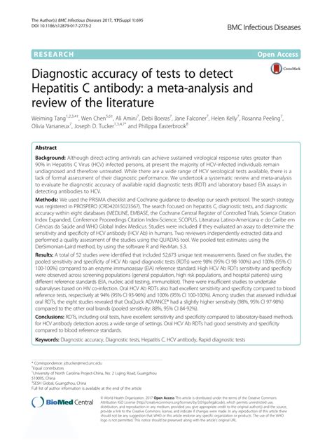 Diagnostic Accuracy Of Tests To Detect Hepatitis C Antibody A Meta