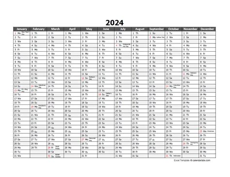 2024 Excel Calendar with Week Numbers