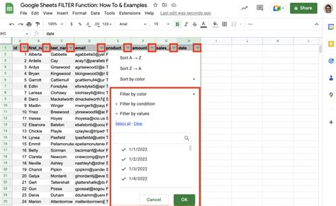 Description of Google Sheets FILTER