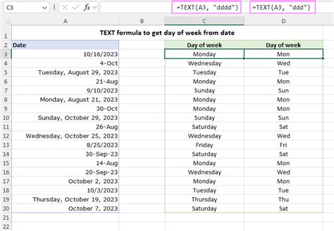 Excel Formula Day of Week Example 2