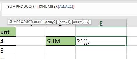 Excel SUM Function with ISNUMBER