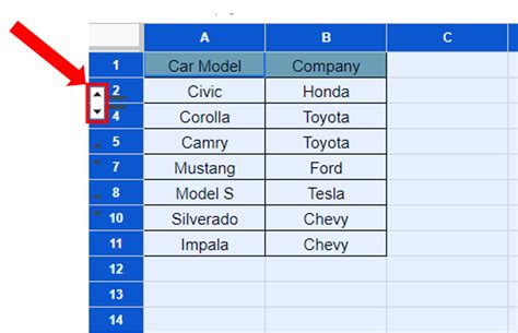 Methods for unhiding rows in Google Sheets
