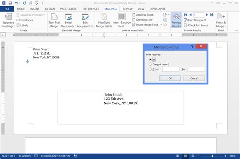 Print envelopes from Excel spreadsheet
