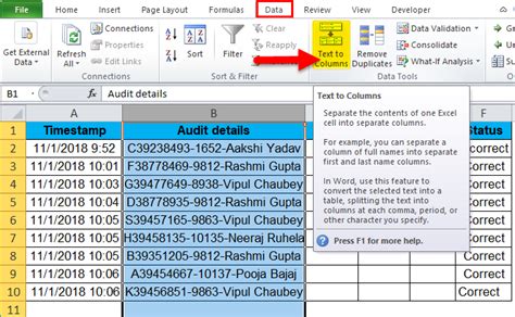 Description of using Text to Columns feature