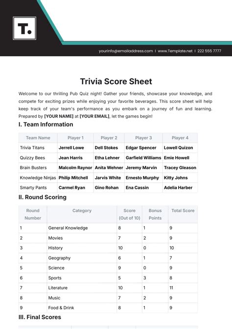 Trivia Score Sheet Template Design