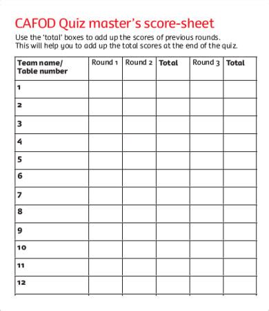 Trivia Score Sheet Template Designs