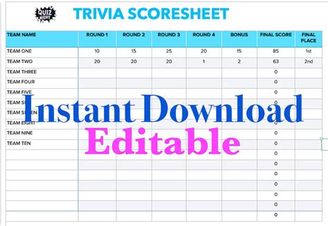 Trivia Score Sheet Template Samples