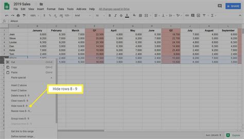 Unhiding rows in Google Sheets